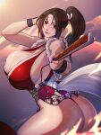  1girl absurdres artist_name ass bare_shoulders breasts brown_eyes brown_hair cleavage closed_mouth commentary fatal_fury fire floral_print floral_print_kimono folded_fan folding_fan hand_fan high_ponytail highres holding holding_fan huge_breasts japanese_clothes kimono lips long_hair looking_at_viewer motoyui no_bra obi patreon_username pelvic_curtain ponytail print_kimono red_kimono revealing_clothes rope sash shiranui_mai sleeveless solo the_king_of_fighters thick_thighs thighs twitter_username web_address xuuikie_ashe 