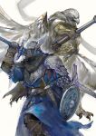  2boys arm_up armor belt bird_boy blue_robe breastplate buckler commentary_request elden_ring elden_ring_nightreign furry furry_male gauntlets guardian_(elden_ring) helmet highres holding holding_polearm holding_shield holding_sword holding_weapon male_focus multiple_boys nira_(nira_box) over_shoulder pauldrons polearm robe shield short_sleeves shoulder_armor sword sword_over_shoulder talons weapon weapon_over_shoulder white_background winged_helmet wings wylder_(elden_ring) 