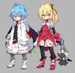  2girls ahoge alternate_costume bat_wings black_gloves black_legwear blonde_hair blue_eyes boots commentary creature crystal elbow_gloves eyebrows_visible_through_hair flandre_scarlet full_body gloves grey_background jacket looking_at_viewer multiple_girls necktie noya_makoto pointy_ears red_eyes red_footwear red_neckwear remilia_scarlet remilia_scarlet_(bat) short_hair side_ponytail simple_background sleeves_past_wrists smile thighhighs touhou white_jacket wings 