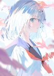  1girl aroa_(aroamoyasi) blue_eyes commentary_request expressionless fish jk_arts looking_at_viewer pixiv shirt upper_body water white_hair white_shirt 