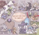  4girls 6+boys animal_head anniversary apologizing armor ascot beak bell_bearing_hunter_(elden_ring) bird_boy black_skin blindfold_mask blue_eyes blue_surcoat breasts chibi colored_skin commentary_request copyright_name doll_joints duchess_(elden_ring) elden_ring elden_ring_nightreign everyone executor_(elden_ring) eye_mask flower_wreath gameplay_mechanics green_hood guardian_(elden_ring) half_eye_mask hat_over_eyes head_wreath helmet holding holding_sword holding_weapon huge_breasts ironeye_(elden_ring) joints katana large_hat mask motion_lines multiple_boys multiple_girls omochi_anko3 praying puff_of_air raider_(elden_ring) recluse_(elden_ring) revenant_(elden_ring) running scale_armor scholar_(elden_ring) signature sweat sword undertaker_(elden_ring) veil weapon white_ascot white_veil winged_helmet wylder_(elden_ring) 