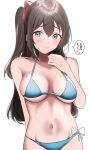  1girl absurdres aqua_eyes bikini blue_bikini blush breasts brown_hair cleavage closed_mouth collarbone commentary_request hair_between_eyes hand_on_own_chest highres large_breasts long_hair love_live! love_live!_nijigasaki_high_school_idol_club navel osaka_shizuku ponytail simple_background smile speech_bubble stomach sunya_(honorin-yuunibo) swimsuit translation_request white_background 