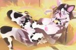  5_fingers accessory animal_print animal_print_thigh_highs anthro black_body black_ears black_fur black_hair blush blush_lines body_blush bow_tie cheek_tuft clothed clothing cow_print cow_print_apron cow_print_bow cow_print_thigh_highs cowbell deer ear_piercing ear_tag facial_tuft fake_horns female fingers fur garter genitals grey_body grey_fur hair heart_symbol hi_res hip_tuft horn legwear lia_(wwufufu) lifting_apron looking_at_viewer maid_apron mammal monotone_body monotone_fur nipples no_bra no_underwear pattern_clothing pattern_legwear pattern_thigh_highs piercing pink_blush pink_eyes pink_horn pink_inner_ear pink_nipples pink_nose pink_vulva short_tail sitting_on_grass solo tail thigh_highs tuft vulva vulva_blush white_body white_ears white_fur white_hair wwufufu 