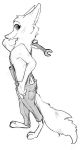  anthro arctic_fox black_and_white breasts canid canine clothed clothing disney female fluffy fluffy_tail fox head_tuft holding_object looking_at_viewer mammal monochrome neck_tuft overalls robcivecat side_boob side_view simple_background sketch skye_(zootopia) standing tongue tongue_out tools tuft white_background wrench zootopia 