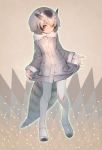  1girl bangs bird_tail blush brown_eyes buttons closed_mouth coat commentary full_body fur_collar grey_coat head_wings highres kemono_friends long_sleeves mifu_(b24vc1) multicolored_hair northern_white-faced_owl_(kemono_friends) owl_ears pantyhose pocket shoes short_hair solo tail two-tone_hair white_legwear 