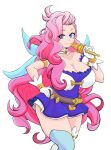  1girl armor asymmetrical_legwear belt blue_thighhighs breastplate breasts cleavage collarbone dress facial_tattoo frills gloves hand_on_own_hip holding holding_microphone large_breasts league_of_legends leather_belt long_hair looking_at_viewer microphone mismatched_legwear noboru_ecchi pink_hair puffy_short_sleeves puffy_sleeves purple_dress seraphine_(league_of_legends) short_sleeves smile star_(symbol) star_print tattoo thighhighs wavy_hair white_background white_gloves white_thighhighs 
