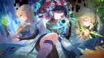  1girl 3boys absurdres aether_(genshin_impact) ahoge anemo_symbol_(genshin_impact) aqua_gem aqua_hair armlet armor asymmetrical_sidelocks black_bodysuit black_bridal_gauntlets black_gloves black_hair black_shorts black_skin black_sleeves blonde_hair blue_cape blue_halo blue_hands blue_kimono blue_sleeves blunt_ends bodysuit bracelet braid bridal_gauntlets cape closed_eyes closed_mouth colored_extremities colored_inner_hair colored_skin colored_tips covered_collarbone detached_sleeves dottore_(exalted_master_of_the_heretical_path)_(genshin_impact) dottore_(genshin_impact) dress eye_mask eyelashes eyeliner facing_to_the_side facing_viewer feathers fingernails frown furisode gem genshin_impact gloves gold gold_armlet gold_bracelet green_gem green_hair green_sleeves grey_trim hair_intakes hair_ornament hakama hakama_shorts half_crown_braid halo halo_behind_head hand_up hands_up head_tilt highres holding japanese_armor japanese_clothes jewelry juban kimono knee_up kote kurokote layered_sleeves leaf leaf_hair_ornament leg_warmers long_hair looking_at_viewer looking_to_the_side low-braided_long_hair low-tied_long_hair makeup mandala mask multicolored_hair multiple_boys mystical_high_collar nahida_(genshin_impact) open_clothes open_kimono own_hands_clasped own_hands_together parted_bangs parted_lips pauldrons pleated_shorts pointy_ears pom_pom_(clothes) purple_eyes purple_hair purple_pupils purple_rope red_eyeliner rope scaramouche_(genshin_impact) scarf short_sleeves shorts shoulder_armor shoulder_peek side_cape sidelocks single_pauldron tanemaki_monaka tsurime twitter_username vambraces vision_(genshin_impact) vortex wanderer_(genshin_impact) watermark white_dress white_hair white_kimono white_leg_warmers white_mouth white_scarf white_sleeves wind wispy_bangs yellow_eyes yellow_feathers 