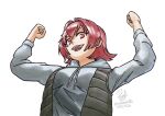  1girl black_vest dated drawstring english_commentary flexing grey_sweater highres hood hooded_sweater hooded_vest hoodie kantai_collection kinu_(kancolle) kinu_(lawson)_(kancolle) one-hour_drawing_challenge open_mouth padded_vest red_eyes red_hair ron_(pixiv83091338) short_hair signature smile solo sweater twitter_username upper_body vest 