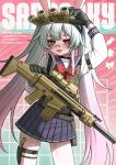  1girl absurdres animal_ears bandaid bandaid_on_face black_gloves blue_skirt choker commentary fang gloves gun highres holding holding_weapon holster holstered lobsteranian long_hair long_sleeves looking_at_viewer open_mouth original pink_hair pleated_skirt rabbit_ears red_eyes rifle sailor_collar school_uniform serafuku skirt solo thigh_holster thigh_strap twintails weapon 