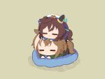  2girls animal_ears beret black_pants blue_ribbon blush_stickers brown_hair cheval_grand_(umamusume) chibi closed_eyes closed_mouth gomashio_(goma_feet) green_shirt grey_background hair_ribbon hat horse_ears horse_girl horse_tail lying_on_person multicolored_hair multiple_girls pants ribbon shadow shirt simple_background streaked_hair tail twintails umamusume vivlos_(umamusume) white_hair white_hat 