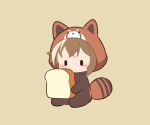  1girl animal_costume animal_ears animal_hood blush_stickers bread bread_slice brown_background brown_hair cheval_grand_(umamusume) chibi fake_animal_ears fake_tail food full_body gomashio_(goma_feet) holding holding_food hood hood_up multicolored_hair simple_background sitting solo streaked_hair striped_tail tail tanuki_costume umamusume white_hair 