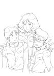  1girl 2boys :d character_request collared_jacket commentary_request earth_federation greyscale gundam jacket looking_at_another military military_jacket military_uniform mobile_suit_gundam monochrome multiple_boys open_mouth saitani_umetarou sayla_mass short_hair smile 