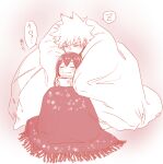  1boy 1girl absurdres asui_tsuyu background_request bakugou_katsuki blanket blush boku_no_hero_academia character_request check_character closed_eyes closed_mouth coffee_mug commentary_request covered_mouth cup double-parted_bangs eyebrows_hidden_by_hair floral_print fringe_trim front-to-back hair_between_eyes highres holding holding_cup invisible_floor j_nobu4 knees_up long_hair monochrome mug partial_commentary red_theme sakuramon short_hair sitting sleeping speech_bubble spiked_hair spoken_zzz talking translation_request wrapped_in_blanket zzz 