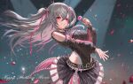  1girl :d belt black_belt black_choker black_crown black_shrug black_skirt breasts choker clothing_cutout commentary_request crossed_bangs crown crown_hair_ornament double-parted_bangs falling_petals floating_hair grey_hair grin hair_between_eyes hair_ornament hair_ribbon highleg highleg_leotard highres holding holding_microphone hololive hololive_dev_is isaki_riona isaki_riona_(flowglow_uniform) large_breasts layered_skirt leotard leotard_under_clothes long_hair long_sleeves looking_at_viewer maro2ki3 microphone mini_crown miniskirt multicolored_shrug official_alternate_costume official_alternate_hairstyle petals pink_ribbon pink_shrug pleated_skirt puffy_long_sleeves puffy_sleeves purple_eyes ribbon shoulder_cutout shrug_(clothing) skirt smile solo studded_belt tilted_headwear two-tone_shrug two_side_up virtual_youtuber white_skirt 