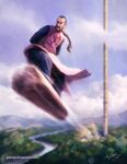  1boy 1oshuart arms_behind_back artist_name black_hair bow braid braided_ponytail broken_pillar changpao china_dress chinese_clothes chinese_text closed_mouth cloud cloudy_sky commentary day dragon_ball dragon_ball_(classic) dress english_commentary facial_hair flying forest full_body hair_bow karin_tower landscape lens_flare long_hair looking_afar male_focus mountain mountainous_horizon mustache nature outdoors pankou pillar pink_bow pink_changpao realistic red_trim river scenery serious signature single_braid sky sky_surfing solo squatting tao_pai_pai tower v-shaped_eyebrows 