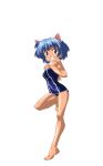  1girl animal_ears anime_coloring barefoot blue_hair blue_one-piece_swimsuit breasts cat_ears clenched_teeth collarbone extra_ears fake_animal_ears full_body game_asset hairband hands_up highres large_variant_set looking_at_viewer mahotama maki_daikichi medium_breasts mei_(mahotama) official_art one-piece_swimsuit red_eyes school_swimsuit short_hair simple_background solo standing standing_on_one_leg surprised swimsuit tachi-e tan teeth third-party_source tiptoes transparent_background variant_set visual_novel_cg wide-eyed 