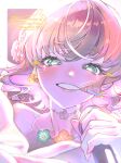  1girl absurdres aqua_eyes bare_shoulders border collarbone commentary_request crossed_bangs dress earrings flower flower-shaped_hair flower_earrings grin happy_birthday highres hinoshita_kaho holding holding_microphone ima_kako_mirai_no_sangenshoku jewelry kirisaki_nuko looking_at_viewer love_live! love_live!_hasu_no_sora_jogakuin_school_idol_club medium_hair microphone offering_hand orange_hair outside_border portrait sleeveless sleeveless_dress smile solo tearing_up virtual_youtuber white_border yellow_flower 