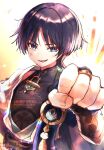 1boy anemo_symbol_(genshin_impact) arm_at_side armor black_bodysuit black_bow black_bridal_gauntlets black_hair blue_cape blue_gem blue_kimono blue_sleeves blunt_ends bodysuit bow bridal_gauntlets cape clenched_hand covered_collarbone eyeliner feathers fingernails gem genshin_impact gold gold_ring gurumin_(gurruguru) hand_up incoming_fist_bump japanese_armor japanese_clothes juban kimono kote kurokote layered_sleeves makeup male_focus mandarin_collar middle_ring open_clothes open_kimono open_mouth pom_pom_(clothes) portrait purple_eyes purple_sash red_eyeliner sash scaramouche_(genshin_impact) short_sleeves shoulder_peek side_cape solo teeth tongue tsurime twitter_username wanderer_(genshin_impact) watermark white_kimono white_sleeves wispy_bangs yellow_background yellow_feathers 