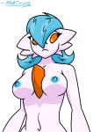  11natrium 2019 absurd_res blue_hair blue_nipples breasts clothed clothing digital_media_(artwork) female gardevoir hair half-length_portrait hi_res humanoid nintendo nipples not_furry orange_eyes pok&eacute;mon pok&eacute;mon_(species) portrait shiny_pok&eacute;mon simple_background solo topless video_games 