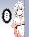  1girl ? bandeau bangs bare_shoulders breasts choker collarbone commentary detached_sleeves eyebrows_visible_through_hair fate/apocrypha fate/stay_night fate_(series) gradient gradient_background green_eyes hair_ornament hair_scrunchie highres long_hair long_sleeves looking_at_viewer midriff mordred_(fate) mordred_(fate)_(all) navel parted_bangs parted_lips red_bandeau red_scrunchie red_sleeves ruki_(ruki6248ta) scrunchie shaded_face short_ponytail solo spot_color upper_body v-shaped_eyebrows wall wide-eyed 
