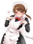  1girl alternate_costume apron artist_name bangs black_dress blush brown_eyes brown_hair dated dress enmaided frilled_apron frills highres kantai_collection long_hair low_twintails maid nose_blush parted_bangs shirayuki_(kantai_collection) short_twintails simple_background solo spoken_blush takase_muu twintails white_apron white_background 