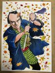  1boy autumn_leaves black_hair black_pants blue_haori brown_eyes chonmage closed_mouth commentary cowboy_shot falling_leaves forehead glint green_kimono haori highres holding holding_rope holding_weapon japanese_clothes jitte kimono kimura_naomi leaf male_focus nihongami obi painting_(medium) pants print_kimono red_sash rope sash short_kimono signature solo tassel topknot traditional_media triangle_print weapon zenigata_heiji zenigata_heiji_torimono_hikae 