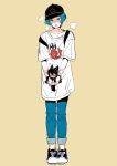  1boy alternate_costume animal_ears animalization backpack bag baseball_cap black_hat blush cat_boy cat_ears cat_tail closed_eyes collarbone denim ensemble_stars! full_body gon_jiri hat highres hot jeans kanzaki_souma lobster long_shirt pants puff_of_air shaded_face shinkai_kanata shirt shoes short_sleeves simple_background sneakers standing star_(symbol) sweat t-shirt tail tongue tongue_out tubuan_oisii white_shirt yellow_background 