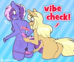  2019 anthro balls berry_frost breasts butt cheese_quesadilla clothing dialogue digital_media_(artwork) duo english_text equid equine fan_character female freckles hair holding_object holding_sex_toy humor long_hair male male/female mammal meme my_little_pony open_mouth pattern_background pink_nose sex_toy simple_background striped_background text whisperfoot 