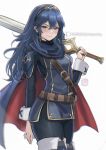  1girl absurdres armor ass blue_cape blue_hair blue_pants blue_shirt blue_tunic blush boots breasts cape chascoby commentary falchion_(fire_emblem) fire_emblem fire_emblem_awakening gold_tiara gold_trim hair_between_eyes highres holding holding_sword holding_weapon long_hair looking_at_viewer lucina_(fire_emblem) over_shoulder pants patreon_logo patreon_username red_cape ribbed_pants ribbed_shirt shirt shoulder_armor side_slit simple_background small_breasts smile solo sword thigh_boots tunic two-sided_cape two-sided_fabric weapon weapon_over_shoulder white_background wrist_cuffs 