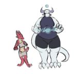  2019 amputee anthro bandage cfoxblu clothing digital_media_(artwork) digitigrade dragon duo eye_contact female kobold looking_at_another magic overweight scalie size_difference skinny slightly_chubby thick_thighs 