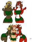  2012 anthro beaver beverly_(sailoranna) black_nose blonde_hair breasts brown_body brown_fur brown_hair canid canine cleavage clothed clothing comic eyes_closed eyewear fox fur glasses hair hand_on_breast hi_res kissing mammal mary_(sailoranna) midriff mouse murid murine navel off_shoulder orange_hair pink_nose red_body red_fur rodent sailoranna shrug tan_body tan_fur tina_(sailoranna) 