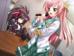  2girls black_hair black_thighhighs blue_eyes bow chair closed_eyes crossed_arms crossed_legs desk game_asset green_skirt hair_bow hair_ornament hair_ribbon holding holding_microphone kurokawa_kirara long_hair matsuryuu microphone midorishita_yumina multiple_girls open_mouth own_hands_together pink_hair ponytail ribbon school_uniform singing sitting skirt standing tenkuu_no_yumina thighhighs visual_novel_cg 