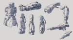  assault_rifle cable commentary_request concept_art cropped_torso exposed_internal_machinery greyscale gun gundam highres kou_(mechalog) legs machine_gun mecha mecha_focus mechanical_arms mobile_suit mobile_suit_gundam monochrome multiple_views no_humans one-eyed_mecha original redesign rifle robot science_fiction single_mechanical_arm weapon zaku_ii zeon 