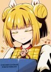  1girl blonde_hair blush closed_eyes closed_mouth commentary_request custom30193 double_bun hair_bun hair_ribbon haniwa_(statue) highres joutouguu_mayumi musical_note orange_background polka_dot polka_dot_background ribbon short_hair smile solo touhou upper_body variant_set white_ribbon 