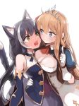  2girls @_@ absurdres ahoge animal_ear_fluff animal_ears bangs bare_shoulders black_hair blue_eyes blush braid breasts brooch cat_ears cat_tail cleavage commentary_request eyebrows_visible_through_hair fangs gloves green_eyes hair_between_eyes hair_ornament hair_ribbon highres jewelry kyaru_(princess_connect) large_breasts long_hair low_twintails multicolored_hair multiple_girls open_mouth pecorine pn_pixi princess_connect! princess_connect!_re:dive ribbon simple_background sketch smile streaked_hair tail tiara twintails very_long_hair white_background white_gloves white_hair 