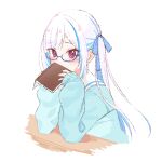  1girl blue-framed_eyewear blue_cardigan blue_hair blue_ribbon blush book cardigan commentary_request covering_own_mouth elbow_rest glasses hair_ribbon hands_up highres holding holding_book lize_helesta lize_helesta_(school_uniform) long_hair looking_at_viewer multicolored_hair nijisanji open_book purple_eyes raised_inner_eyebrows ribbon sailor_collar semi-rimless_eyewear shy sidelocks simple_background sleeves_past_wrists solo streaked_hair twintails two-tone_hair upper_body virtual_youtuber white_background white_hair white_sailor_collar yuzuki_(yuduame) 