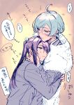  2boys ahoge aqua_hair arms_around_another's_waist blush brown_background closed_mouth dripping ensemble_stars! furrowed_brow gon_jiri green_eyes hair_between_eyes half-closed_eyes hand_blush hand_on_another's_neck highres hug jacket kanzaki_souma long_hair long_sleeves looking_at_another male_focus motion_lines motoyui multiple_boys one_eye_closed parted_bangs ponytail purple_eyes purple_hair school_uniform shinkai_kanata short_hair sidelocks speech_bubble thought_bubble towel tubuan_oisii wet wet_clothes wet_hair yellow_background yumenosaki_school_uniform 