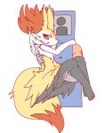  2018 3_toes 5_fingers blush braixen bridal_carry carrying chest_tuft dipstick_tail duo female female_focus fingers fur hi_res inner_ear_fluff multicolored_body multicolored_fur multicolored_tail navel nintendo nyaswitchnya open_mouth pok&eacute;mon pok&eacute;mon_(species) simple_background solo_focus toes tuft video_games white_background 