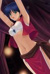  1girl armpits arms_up blue_hair bra breasts covered_nipples dutch_angle earrings fushigi_no_umi_no_nadia green_eyes jewelry medium_breasts midriff nadia navel necklace open_mouth red_skirt saeki_takashi short_hair side_slit skirt solo standing stomach strapless strapless_bra sweatdrop tubetop underwear white_bra 