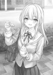  1girl :d ahoge bag blurry blurry_background blush collared_shirt commentary_request cup disposable_cup disposable_ice_cream_cup food greyscale hand_up higeneko holding holding_spoon ice_cream ichijou_ai_(jinsei_gyakuten) incoming_food jacket jinsei_gyakuten:_uwaki_sare_enzai_wo_kiserareta_ore_ga_gakuen_ichi_no_bishoujo_ni_natsukareru long_hair looking_at_viewer monochrome neck_ribbon novel_illustration official_art open_mouth outdoors pleated_skirt ribbon sailor_collar school_bag school_uniform second-party_source shirt skirt smile solo spoon standing wing_collar 