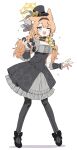  1girl absurdres alternate_costume alternate_hairstyle animal_ear_fluff animal_ears b.t._(boob_tong) black_dress black_hairband black_hat black_pantyhose black_shoes blue_archive blue_eyes blush breasts commentary dress flower fox_ears frilled_dress frills full_body hairband halo hat hat_flower highres holding holding_microphone idol long_hair looking_at_viewer mari_(blue_archive) mari_(idol)_(blue_archive) microphone mini_hat mini_top_hat one_eye_closed open_mouth orange_hair pantyhose shoes simple_background solo sweat top_hat untranslatable_commentary white_background yellow_halo 