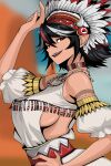  1girl alternate_costume blurry blurry_background breasts commentary english_commentary hand_on_own_hip headdress highres kijin_seija kinoshii-shroom large_breasts looking_at_viewer multicolored_hair native_american_clothes native_american_headdress pointy_ears red_eyes sideboob slit_pupils solo touhou tribal 