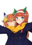  2girls absurdres blue_coat blue_eyes blunt_bangs blush bright_pupils buttons closed_mouth clover_hair_ornament coat commentary_request cross-shaped_pupils double-breasted double-parted_bangs ear_covers four-leaf_clover_hair_ornament full_armor_narumi hair_between_eyes hair_ornament hairband highres horse_girl long_hair long_sleeves matikanefukukitaru_(umamusume) multiple_girls orange_hair scarf selfie shared_clothes shared_scarf short_hair silence_suzuka_(umamusume) smile symbol-shaped_pupils tracen_winter_coat transparent_background umamusume white_hairband white_pupils yellow_scarf 