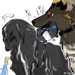  1girl 2boys animalization arknights brother_and_sister brothers chinese_commentary chongyue_(arknights) commentary_request doctor_(arknights) dog drinking gourd hua_ren_nan ling_(arknights) multiple_boys siblings stuffed_toy wang_(arknights) 