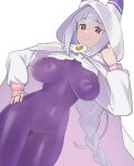  1girl animal_ear_hood blunt_bangs bodysuit braid breasts cameltoe cloak closed_mouth covered_navel covered_nipples dismassd elf emilia_(re:zero) hand_on_own_hip hand_up highres hood hood_up hooded_cloak large_breasts long_hair long_sleeves looking_at_viewer multiple_girls official_alternate_costume pointy_ears purple_bodysuit purple_eyes re:zero_kara_hajimeru_isekai_seikatsu shrug_(clothing) smile solo_focus very_long_braid very_long_hair white_hair white_shrug 