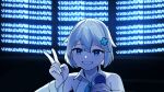  1girl absurdres bare_shoulders blue_eyes blue_ribbon collared_shirt commentary concert detached_sleeves glowstick gosegu grin hair_ornament highres holding holding_microphone isegye_idol jirari korean_commentary looking_at_viewer microphone neck_ribbon official_alternate_costume ribbon shirt short_hair sleeveless sleeveless_shirt smile solo teeth upper_body v virtual_youtuber waktaverse white_hair white_shirt 