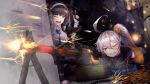  2girls ahoge battle black_hair bullet bullet_hole clenched_teeth commentary_request covering drum_magazine fingerless_gloves firing girls_frontline gloves gun hair_between_eyes highres long_hair machine_gun multiple_girls open_mouth pkp_(girls_frontline) qbz-95_(girls_frontline) rifle rurushia side_ponytail silver_hair teeth tracer_fire wall weapon 