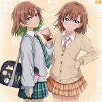  2girls asymmetrical_bangs bag bag_charm brown_cardigan brown_eyes brown_hair brown_skirt cardigan charm_(object) clone collared_shirt colored_inner_hair commentary_request crossed_bangs cup disposable_cup don_quijote_(store) drink drinking drinking_straw frown green_hair green_nails green_necktie green_skirt grey_cardigan hair_ornament hairpin hands_on_own_hips highres holding holding_drink looking_at_viewer medium_hair miniskirt misaka_imouto misaka_mikoto multicolored_hair multiple_girls necktie official_alternate_costume plaid_clothes plaid_necktie plaid_skirt school_bag shirt signature simple_background skirt striped_clothes striped_necktie toaru_kagaku_no_railgun toaru_majutsu_no_index two-tone_hair umaruli_1225 white_shirt 