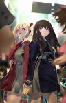  2girls backpack bag blonde_hair blue_dress blurry blurry_foreground brown_hair city commentary_request day dress highres holding_hands inoue_takina interlocked_fingers long_hair lycoris_recoil lycoris_uniform multiple_girls nishikigi_chisato one_eye_closed outdoors people purple_eyes red_dress red_eyes sengoku_chidori short_hair yuri 