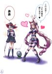  2girls absurdly_long_hair absurdres animal_ears arms_up black_boots black_shoes black_skirt black_socks blazer blue_archive boots bow bowtie closed_eyes commentary_request cosplay crossed_arms ear_ornament electric_fan eri_(blue_archive) halo hat highres holding holding_notebook holding_pencil horse_ears horse_girl hot_limit imaizumi_riona jacket kneehighs long_hair low_ponytail low_twintails mechanical_pencil multiple_girls nishikawa_takanori nishikawa_takanori_(cosplay) notebook pencil pleated_skirt ponytail red_bow red_bowtie school_uniform shirt shoes skirt socks speech_bubble t.m.revolution translated twintails umamusume very_long_hair voice_actor_connection white_hair white_shirt witch_hat yagiwashi yamanin_zephyr_(umamusume) yellow_eyes yellow_halo 